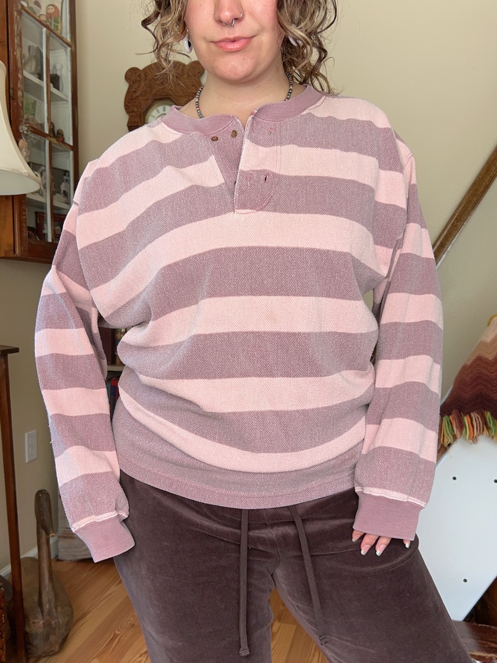 Vintage 90s Outback Red Pink & Mauve Striped Long Sleeve Woven Shirt Outdoors